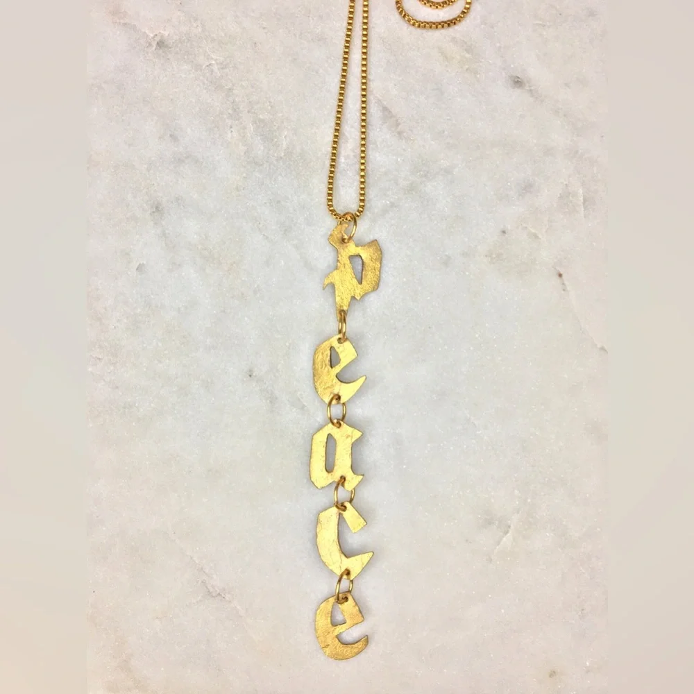Gold Peace Necklace, handcrafted peace gold tone pendant w/24k gold plated chain - Picture 4 of 15